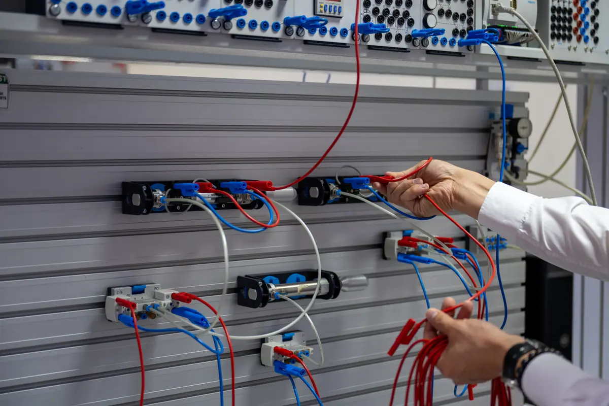 A student wiring an electrical training panel at UTB.